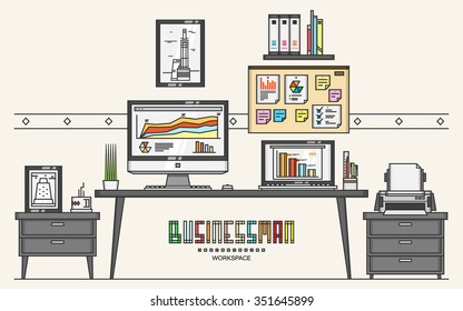 Work place of a businessman with desktop computers and other work equipment . office desk. Flat design . vector illustration .