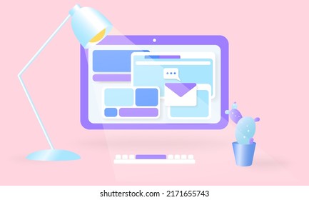Work place with computer screen with web . 3d vector illustration. Office desk, computer, cactus, keyboard, lamp. Online search