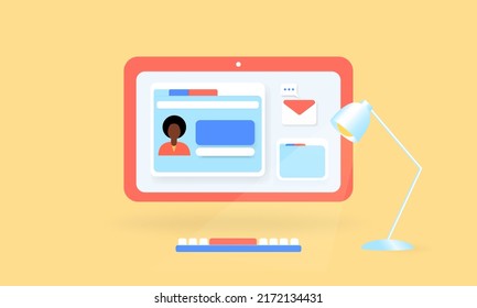 Work place with computer screen with web . 3d vector illustration. Office desk, computer, keyboard, lamp. Online search