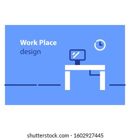 Work place concept, rental office, coworking area, freelance job, desk and monitor, training class, vector flat illustration