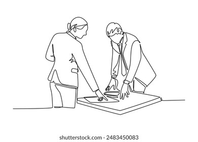 Work place concept. Single line draw design vector graphic illustration.