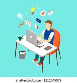 work place, creative man working at his laptop, isometric flat vector illustration