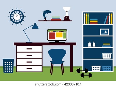 Work place. Design work space, desk with computer, lamp, bookcase. Interior of working place concept in flat design. Vector illustration.