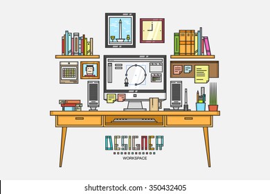 Work place of a designer with desktop computers and other work equipment . Flat design . vector illustration .
