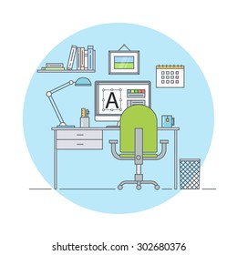 Work place designer flat linear style. Home or office work station graphics artist or designer. The modern work space in contour style. 