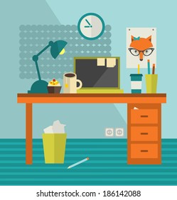 Work place of designer with lady fox poster in hipster style on the wall. Vector illustration. 