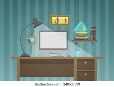 Work place. Designer work space, desk with computer, lamp, books, photo frames. Vector background