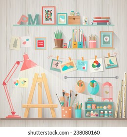 Work place of designer-illustrator and artist with drawing easel and many other artistic materials. Art-working process.  Flat design vector illustration