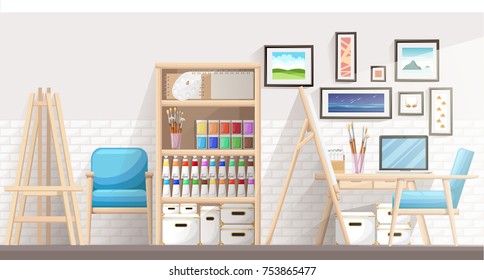 Work place of designer-illustrator and artist with drawing easel and many other artistic materials. Art-working process. Flat design vector illustration Web site page and mobile app design.