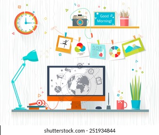 Work Place Of Designer-illustrator. Creative Office Workspace. Art-working Process.  Flat Design Vector Illustration