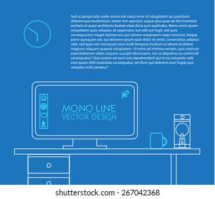 Work place. desk with computer. Mono line style. Vector illustration