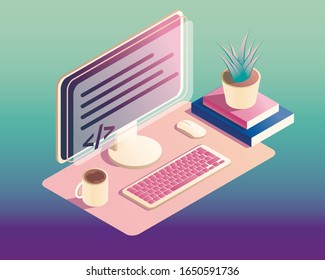Work place with desktop computer on the table. Books plant and coffee. Comfortable workspace. Business and education. Izometric vector illustration.