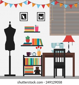 Work place for dress designer. Vector flat background
