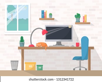 Work place in flat style, computer on working table with chair, lamp, mug, shelves with books and cactuses, cabinet interior with window, sleeping cat at work area, vector