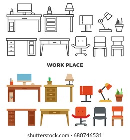 Work place furniture and collection - flat home design icons. Interior for living room illustration