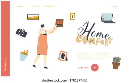 Work Place or Hobby Occupation Landing Page Template. Young Woman with Various Things for Workplace Laptop, Female Character Photo Camera and Picture, Pencils and Cactus. Linear Vector Illustration