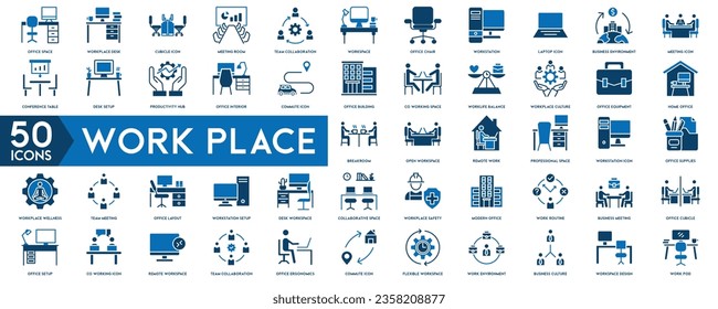 Work place icon set. Containing briefcase, desk, computer, meeting, employee, schedule and co-worker symbol. Solid workspace icons vector collection.