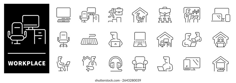 Work place icon set. Thin line icons set related to work place and workspace. Work place icons collection in line style. Office, remote working, meeting, co-worker, workspace, desktop