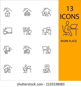 Symbole am Arbeitsplatz setzen. Arbeitsplatz-Paket-Vektorelemente für Infografik-Web