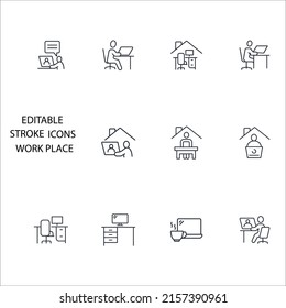 Juego de iconos de lugar de trabajo . Elementos vectores del símbolo del paquete del lugar de trabajo para la web infográfica