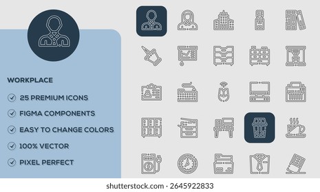 Work place Icons set. Vector illustration in modern thin line style of business related icons: teamwork, documents, devices, and more. Pictograms and infographics for mobile apps. 