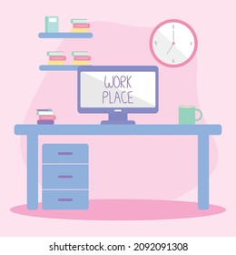 work place illustration with computer and books