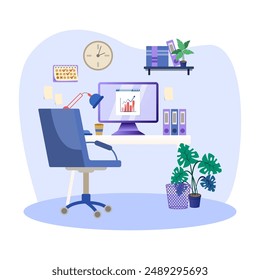 Arbeitsplatzabbildung. Leere moderne Büroeinrichtung. Büroarbeitsplatz-Möbel-Innenraumkonzept. Vektorgrafik flaches Grafikdesign Cartoon-Illustration