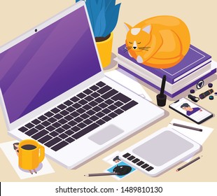 Work place isometric background with laptop tablet mobile phone and tools for making photo 3d vector illustration
