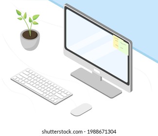 Work place in isometric concept illustration. Computer monoblock with keyboard and computer mouse. 