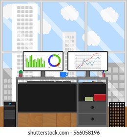 Work place jobs stockbroker. Finance stock broker, strategy working investment, vector illustration