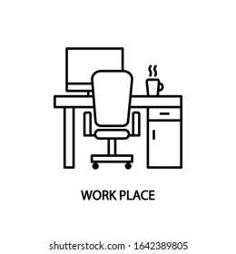 Work place line icon. Desk with computer and a cup of coffee. Concept for web banners and printed materials