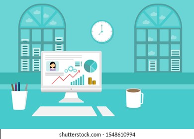 work place office concept design. working on computer and using internet. analysic data and financial. 