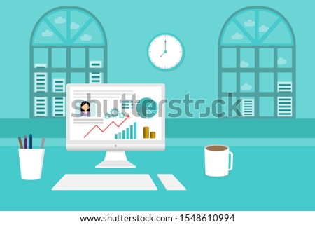 work place office concept design. working on computer and using internet. analysic data and financial. 