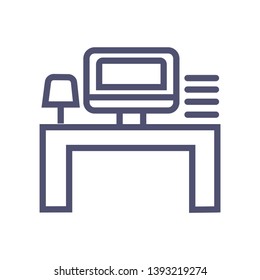 Work place or office work icon. Vector icon with computer table lamp and mini self
