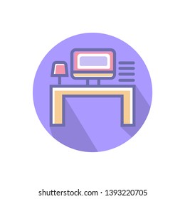 Work place or office work icon. Vector icon with computer table lamp and mini self