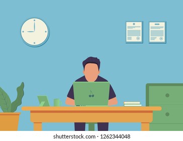 Work place. Office interior. Office work. Man is working at his laptop. Vector illustration