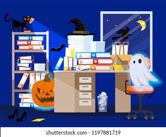 Work place on holiday Halloween in orange color . Flat illustration of office room interior with pumpkin, glowing ghost, even cat, witch hat and Pile of paper documents, file folders in boxes on table