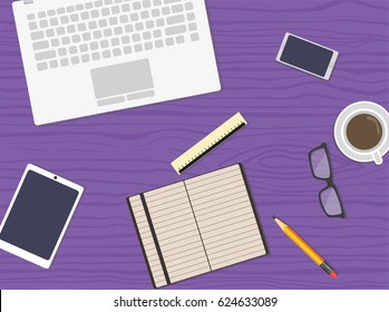 work place on a purple wood tabel