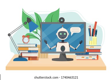 Work place for online courses, e-learning, education with books, alarm, monitor with robot isolated on white background stock vector illustration. Studying concept in flat style.