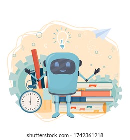 Work place for online courses, e-learning, education with books, alarm, monitor with robot isolated on white background stock vector illustration. Studying concept in flat style.