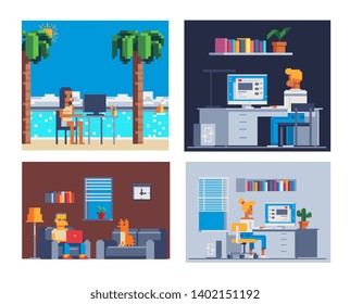 Work place. Pixel art. Business Man working on workplace in the modern office. Woman freelance on the beach remote working place using laptop. Female character working on computer. Vector illustration