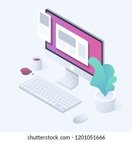 Work place with computer? keyboard? mouse? plant and cup of coffee
