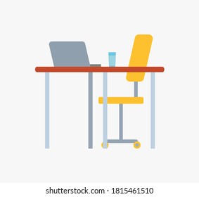 Lugar de trabajo con mesa, vaso de agua, portátil sobre escritorio y silla sobre ruedas aislado. Vector portátil personal, escritorio de mobiliario de oficina y asiento
