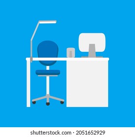 Work place with table, lamp on it, chair on wheels laptop and computer icons vector isolated on blue. Workspace and office desk, blank desktop vector