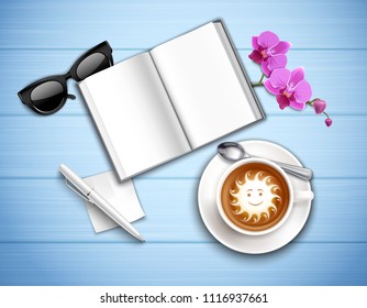 Work place top view with cappuccino sun glasses and orchid on textured blue background realistic vector illustration