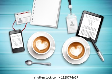 Work place top view with cappuccino badges and gadgets on textured blue background realistic vector illustration