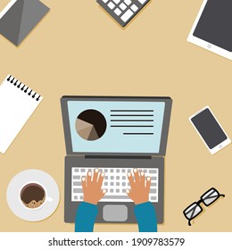 Work place top view. Man hand working on laptop with smartphone coffee glasses  and calculator. Vector illustration.