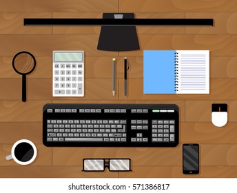 Work place top view. Office place table with computer. Vector illustration