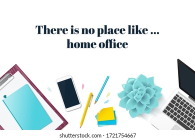 Work place vector mock up set with quote. Flat lay top view on realistic mobile phone, laptop, paper clipboard, succulent, stickers. Home office stationery for freelance, studying concept.