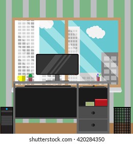 Work place with view window business building. Office place business work. City skyscraper architecture urban design. Vector flat design illustration